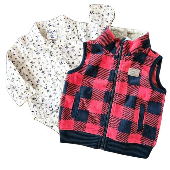 Baby Boy 9M Buffalo Plaid Vest Shirt Set Fleece 2-Piece Christmas Outfit - Picture 2 of 11